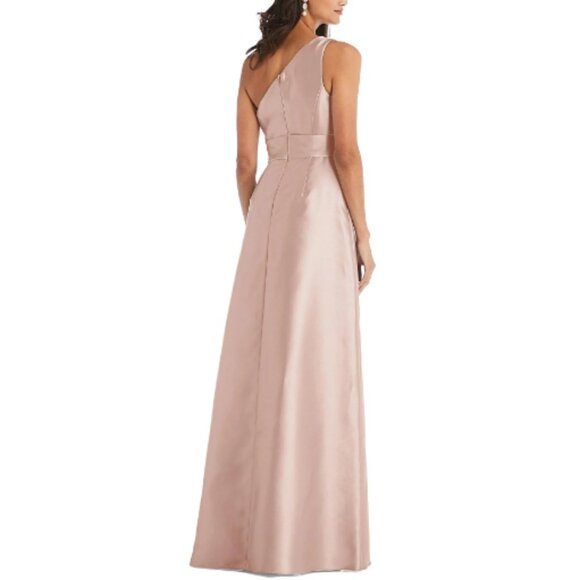 Alfred Sung Draped One-Shoulder Satin Maxi Dress With Pockets Toasted Sugar 14R - Picture 2 of 12